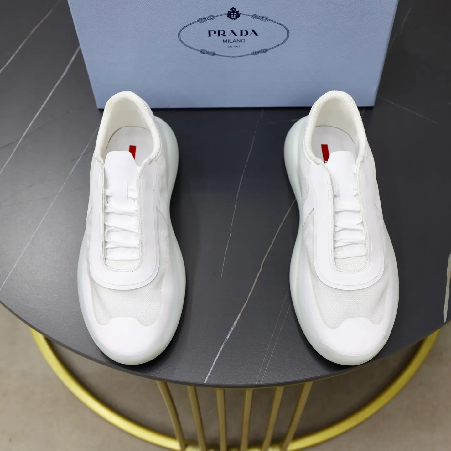 Men's Shoes 💰760💰 PRADA America's Cup Recycled Nylon and Bike Fabric Sneakers Practical and innovative, these regenerated nylon sneakers are modern, with lightweight soles and minimalist details. The upper is decorated with temperature-locking adhesive tape, screen-printed ADA logo, nylon loop shoelaces, T sole, made of ultra-light foam rubber filling material, rubber pattern texture, sole height: 40 mm, removable fabric-covered insole, Size 39-44